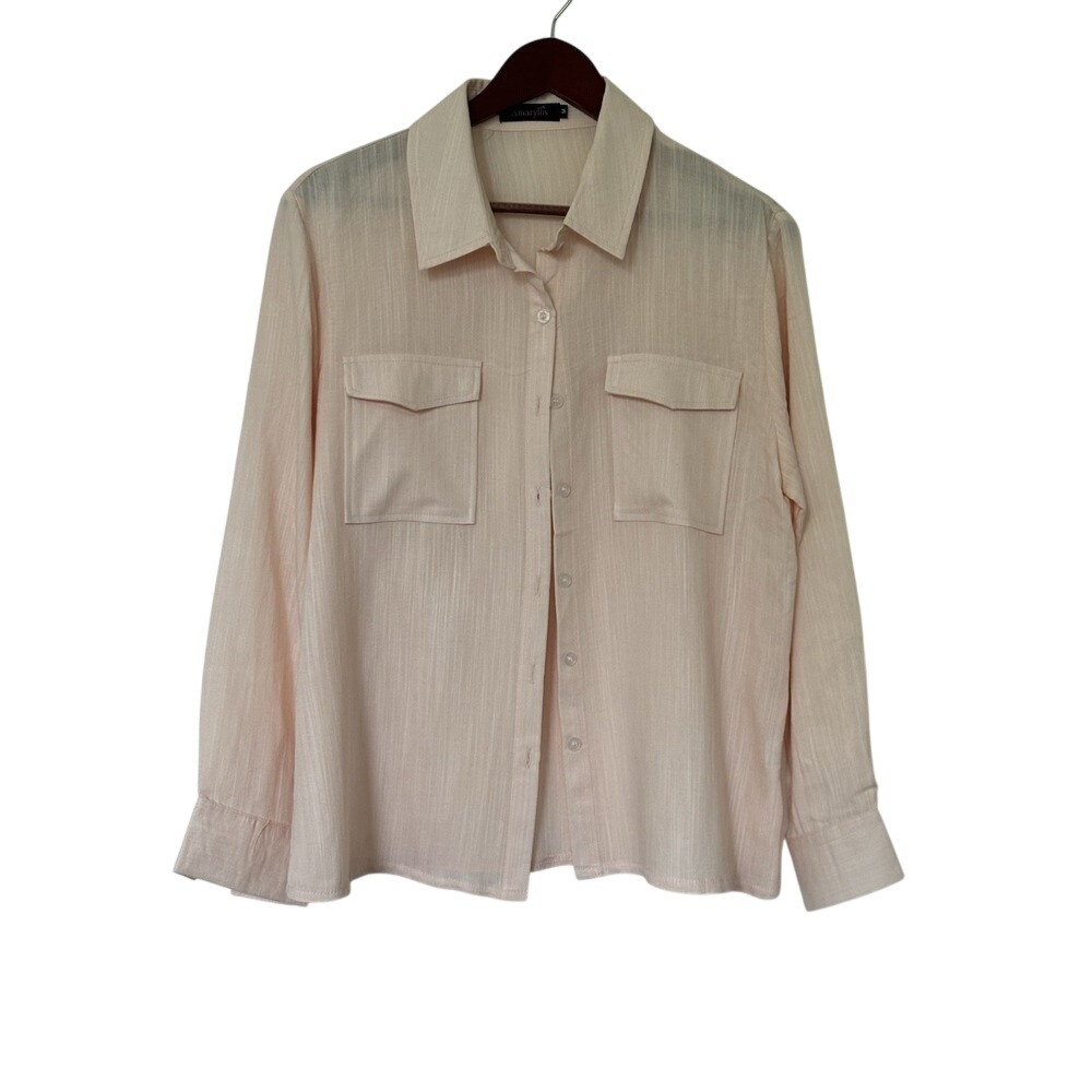 Amaryllis Peach Button Down Blouse Chest Pockets Medium Linen Cotton Blend